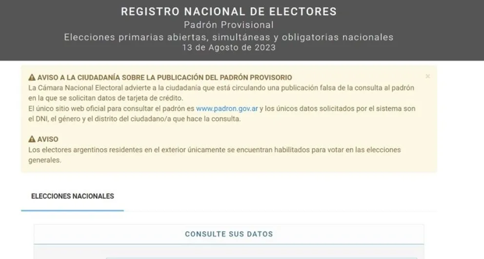 Padrón electoral:  la Cámara Nacional advirtió la circulación de un sitio web falso 